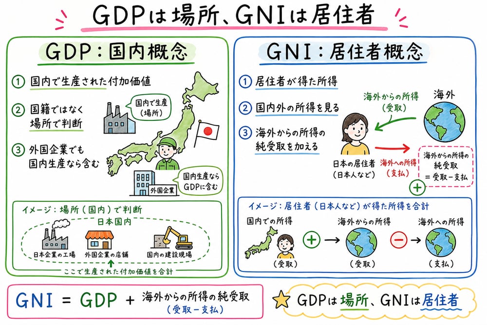GDPは場所で判断しGNIは居住者で判断することを示す手書き風図解