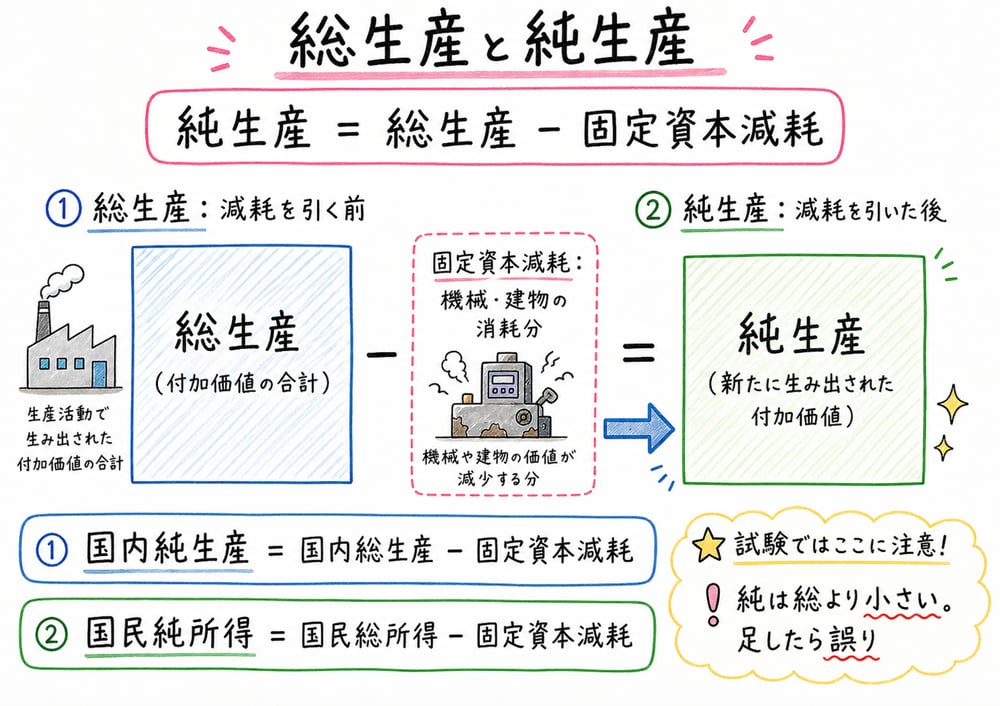 総生産から固定資本減耗を差し引くと純生産になることを示す手書き風図解