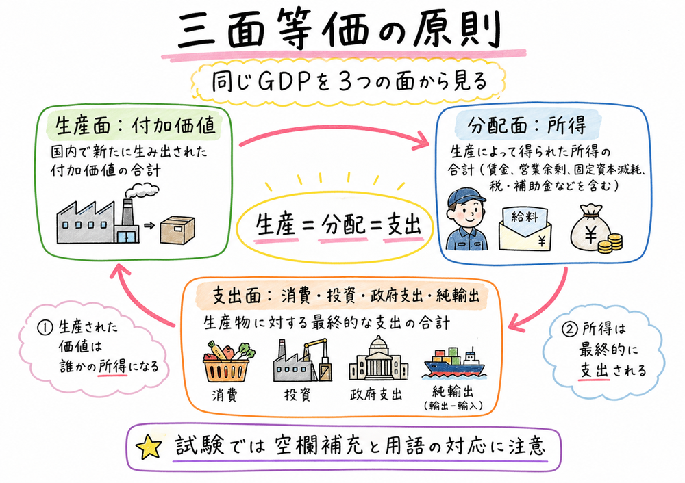 GDPを生産面、分配面、支出面から見る三面等価の原則を示す手書き風図解