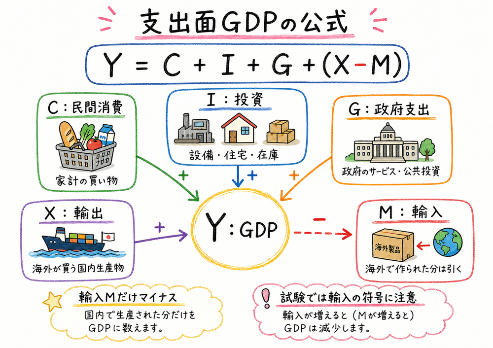 支出面GDPの公式Y=C+I+G+(X-M)と輸入だけマイナスになることを示す手書き風図解