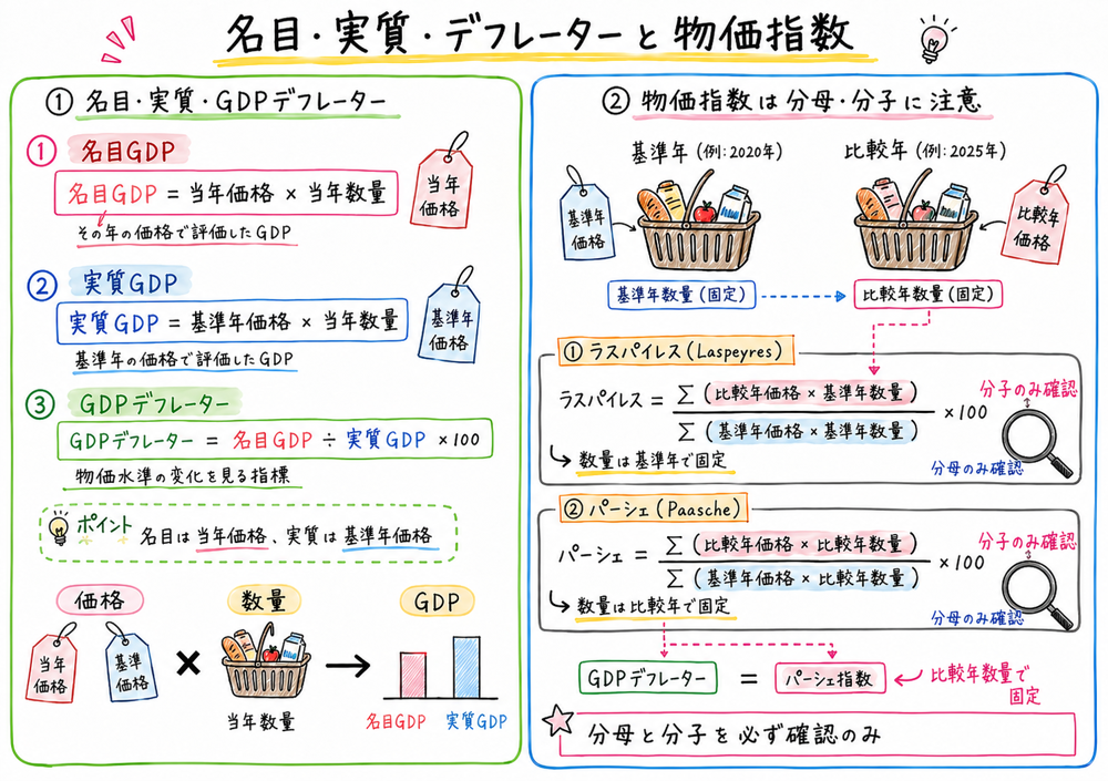 名目GDP、実質GDP、GDPデフレーター、ラスパイレス型、パーシェ型の分母分子を示す手書き風図解