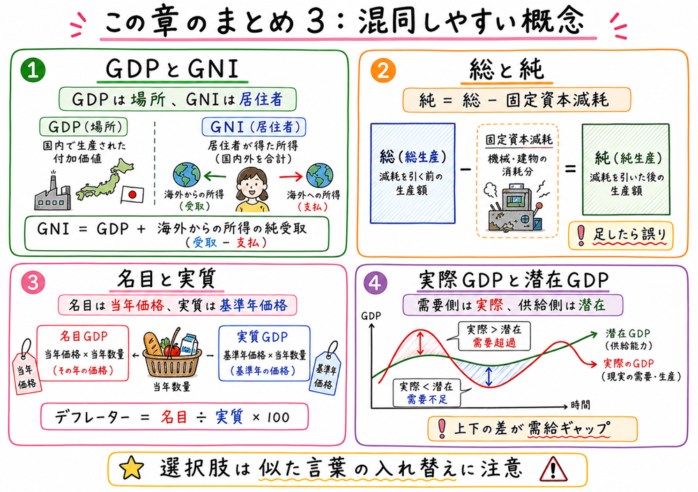 GDPとGNI、総生産と純生産、名目と実質、実際GDPと潜在GDPの違いをまとめた手書き風図解
