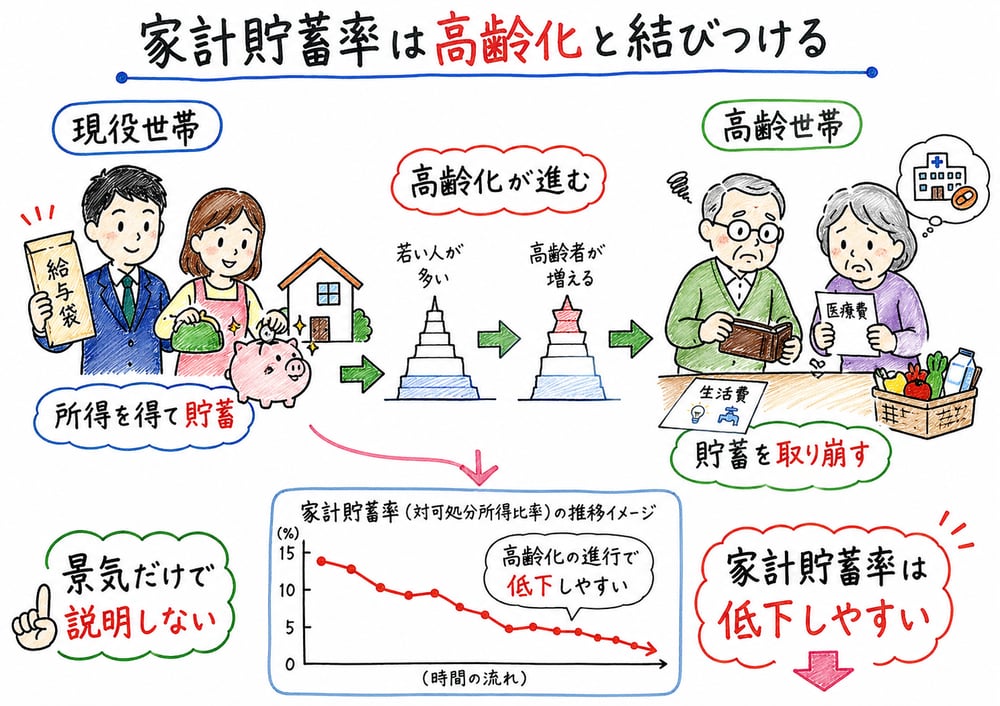 家計貯蓄率が高齢化の進展で低下しやすい流れを示す手書き風図解