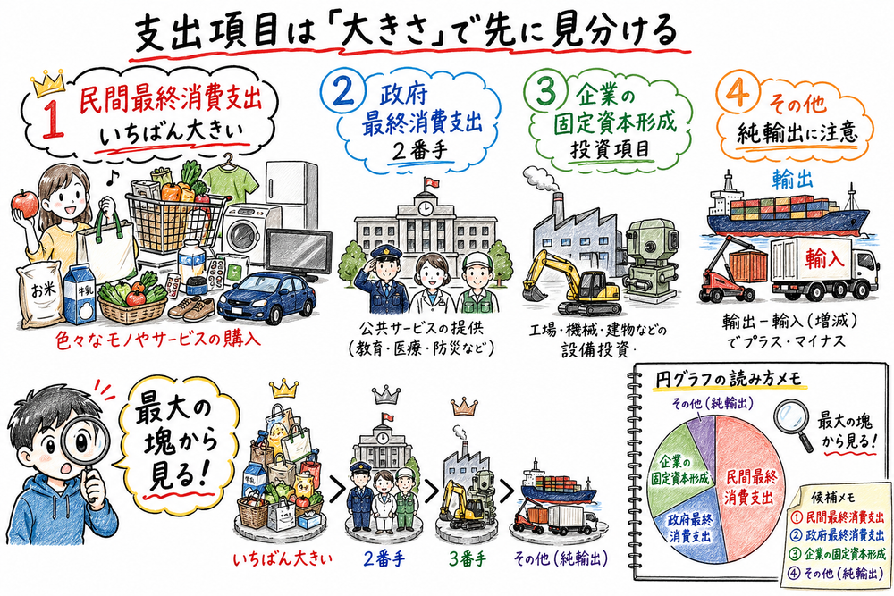 支出面GDPの内訳を大きさで見分けるポイントを示す手書き風図解