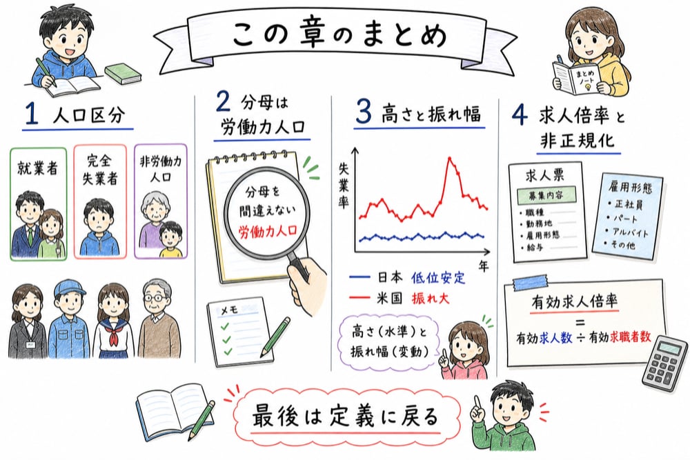 雇用統計の問題で確認する順番をまとめた手書き風図解