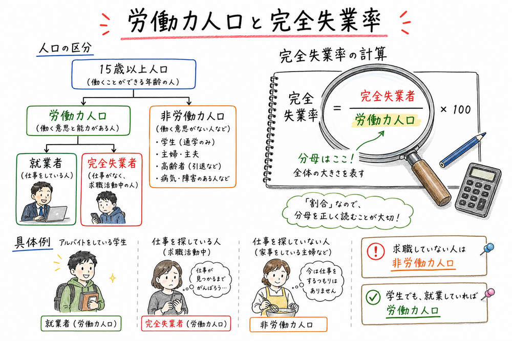 15歳以上人口から就業者と完全失業者を切り分ける流れを示す手書き風図解