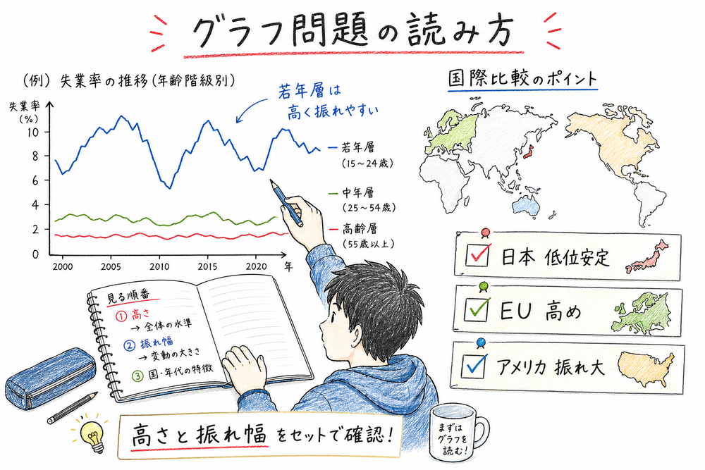 若年層、日本、アメリカ、EUの失業率グラフの見分け方を示す手書き風図解