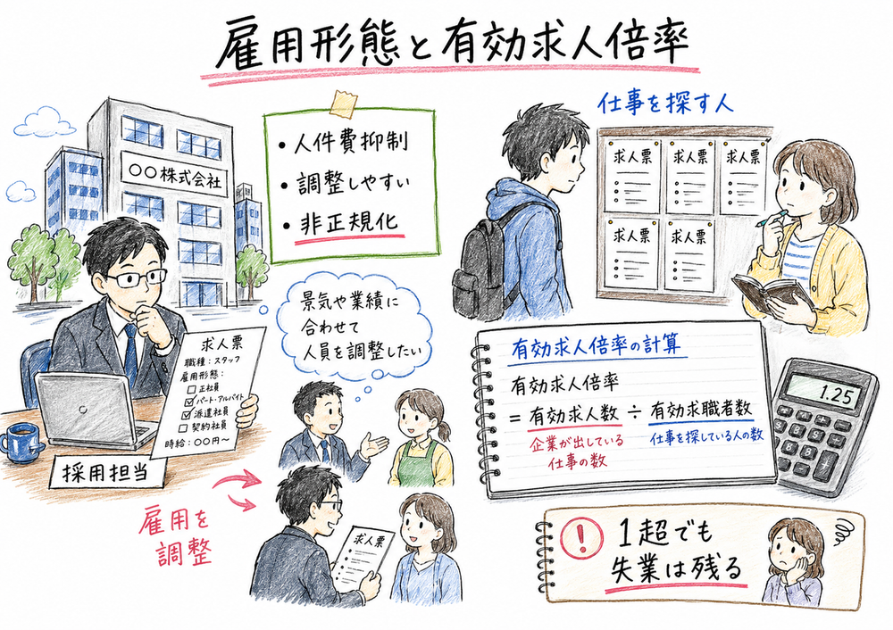 非正規雇用の増加要因と有効求人倍率の見方を整理した手書き風図解