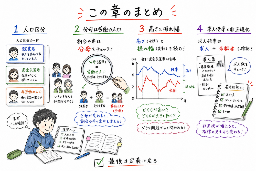 雇用統計の問題で確認する順番をまとめた手書き風図解