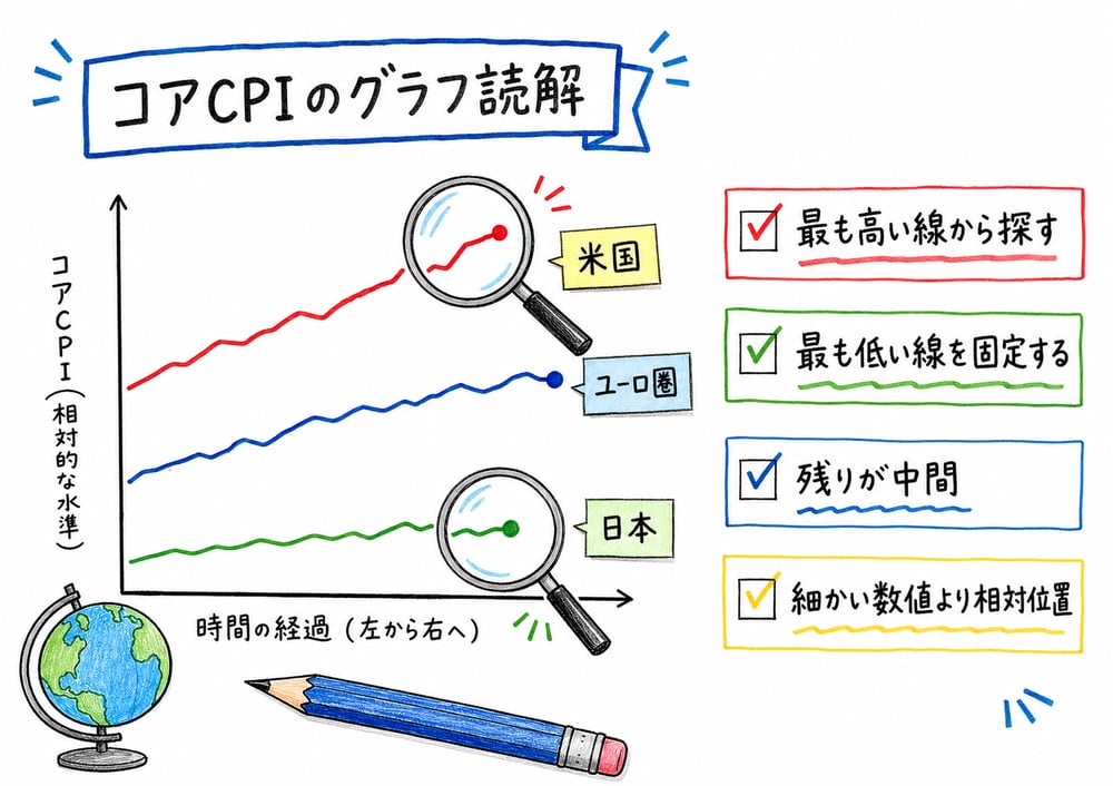 コアCPIの国際比較グラフを最も高い線と低い線から見分ける手順を示す手書き風図解