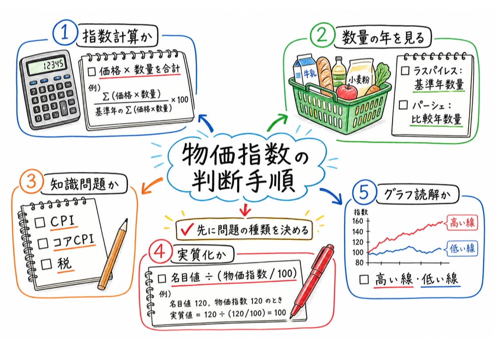 物価指数の判断手順と頻出ひっかけをまとめた手書き風図解