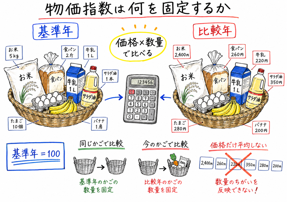 物価指数を基準年と比較年の買い物かごで比べる手書き風図解