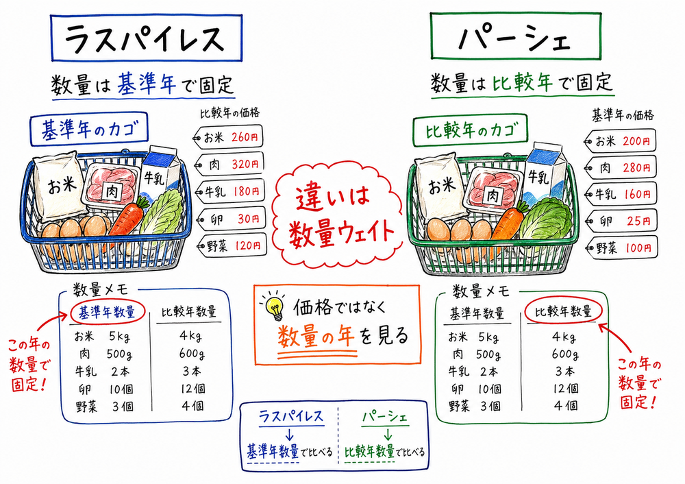 ラスパイレス式とパーシェ式の分母分子と数量ウェイトの違いを示す手書き風図解
