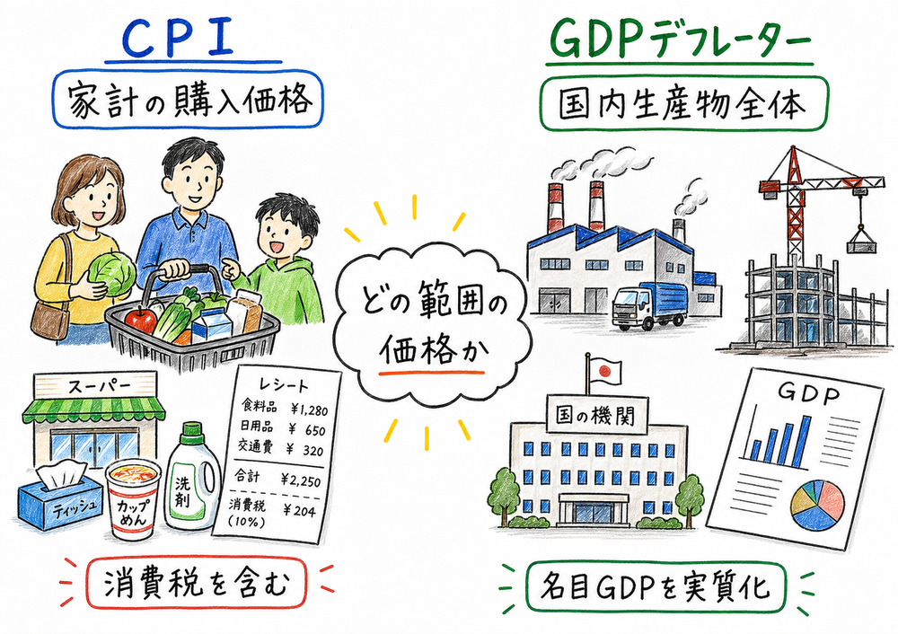 CPIとGDPデフレーターの対象範囲と特徴の違いを示す手書き風図解