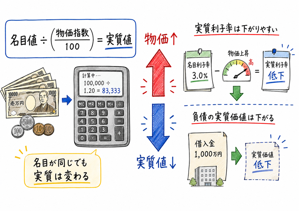 名目値から実質値への変換と物価上昇の効果を示す手書き風図解