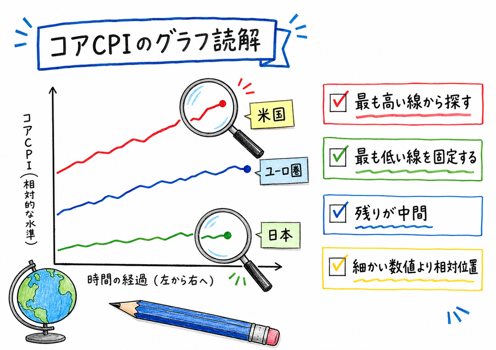 コアCPIの国際比較グラフを最も高い線と低い線から見分ける手順を示す手書き風図解