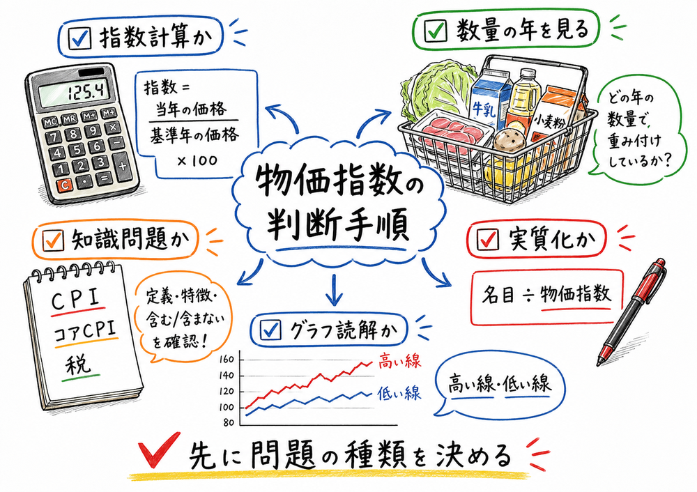 物価指数の判断手順と頻出ひっかけをまとめた手書き風図解