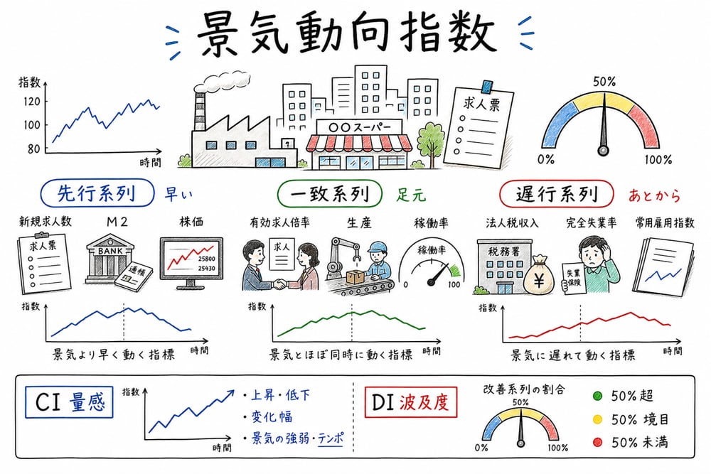 景気動向指数の全体像を、先行・一致・遅行と CI・DI の役割で整理した手書き風図解