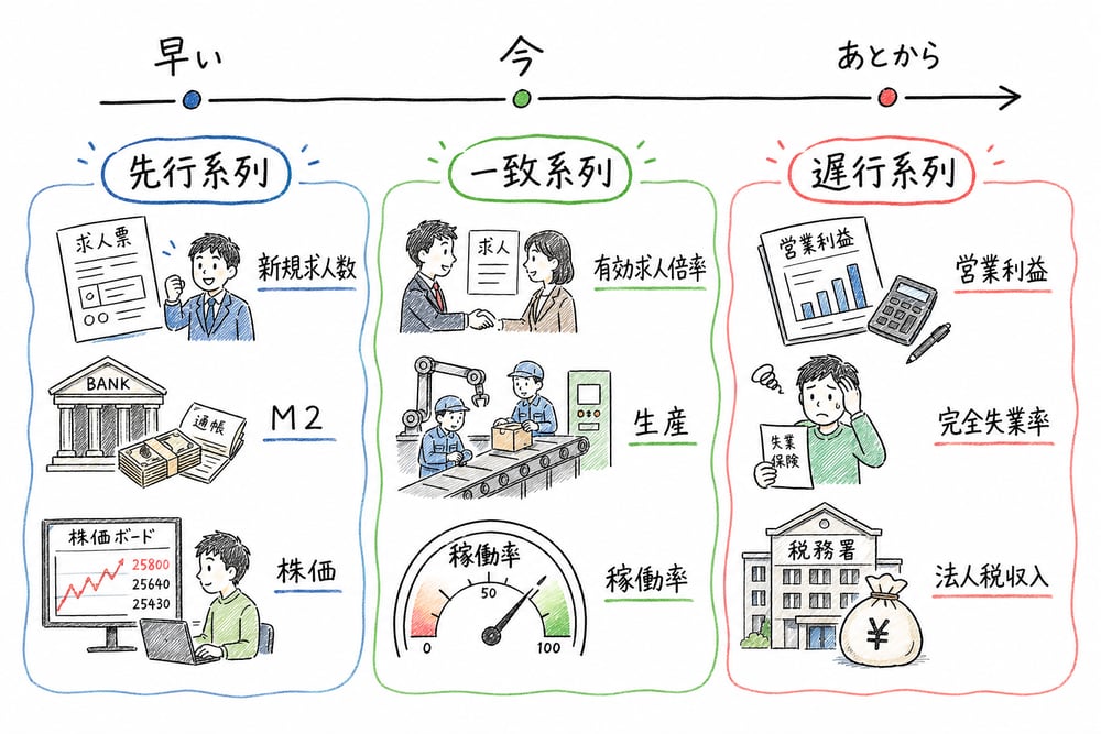 先行系列、一致系列、遅行系列を代表例つきで比較した手書き風図解
