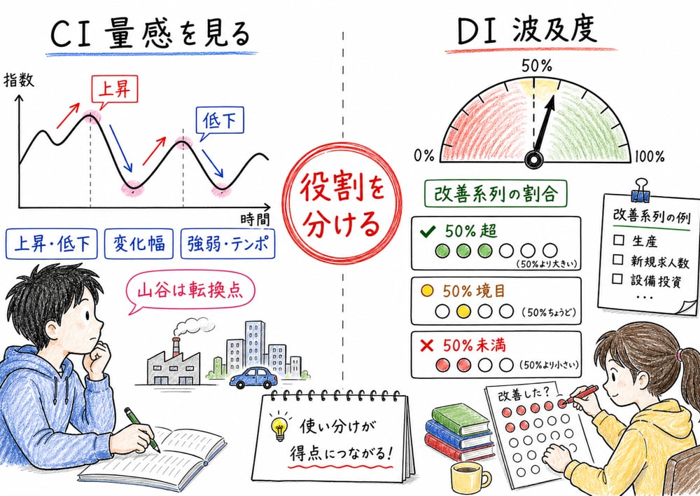 CI と DI の違いを、量感と改善系列の割合で比較した手書き風図解