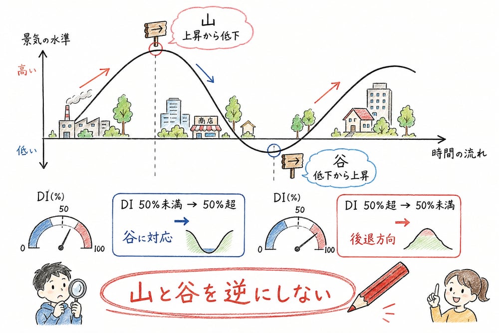 景気の山と谷を CI の方向転換と DI の 50% 跨ぎで読む手書き風図解