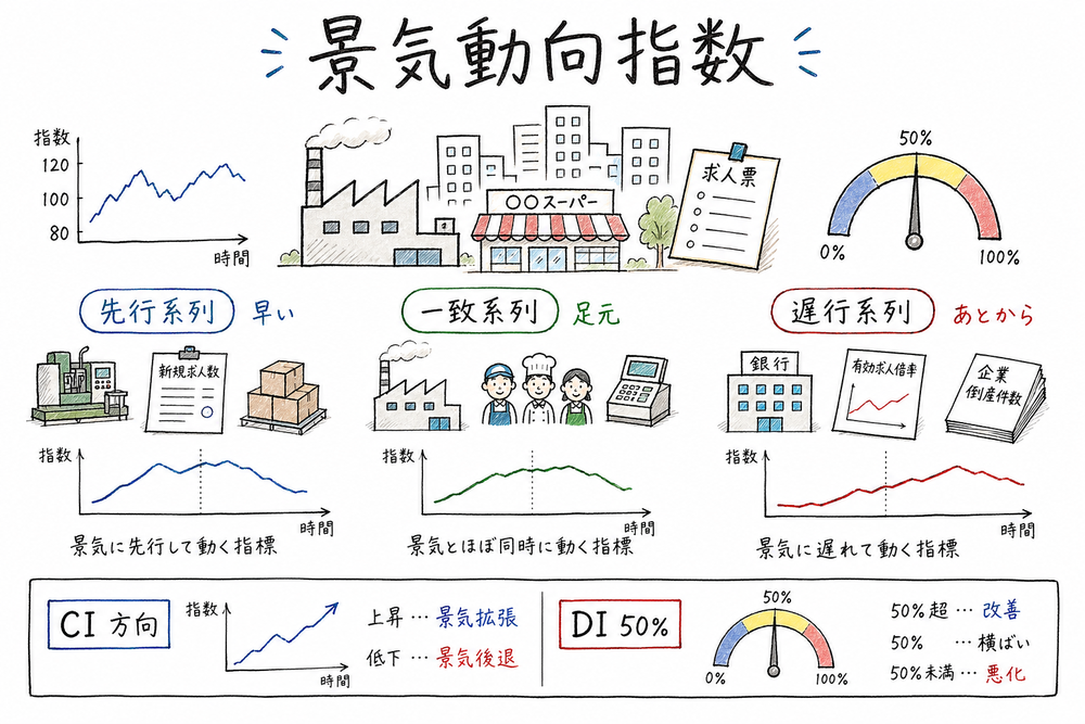景気動向指数の全体像を、先行・一致・遅行と CI・DI の役割で整理した手書き風図解