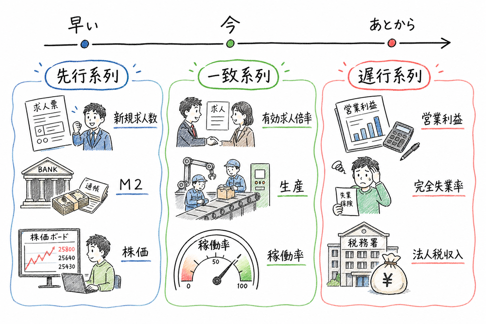 先行系列、一致系列、遅行系列を代表例つきで比較した手書き風図解