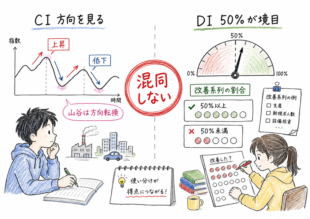 CI と DI の違いを、量感と改善系列の割合で比較した手書き風図解