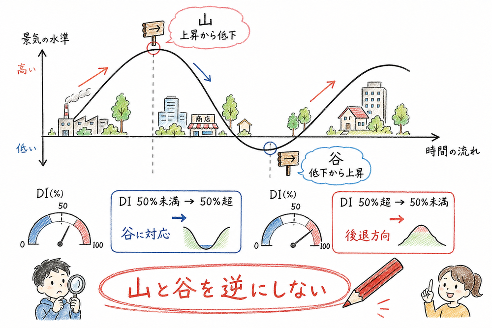 景気の山と谷を CI の方向転換と DI の 50% 跨ぎで読む手書き風図解