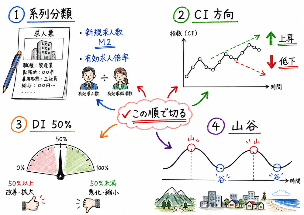 景気動向指数の系列分類と CI・DI・山谷の判定手順をまとめた手書き風図解