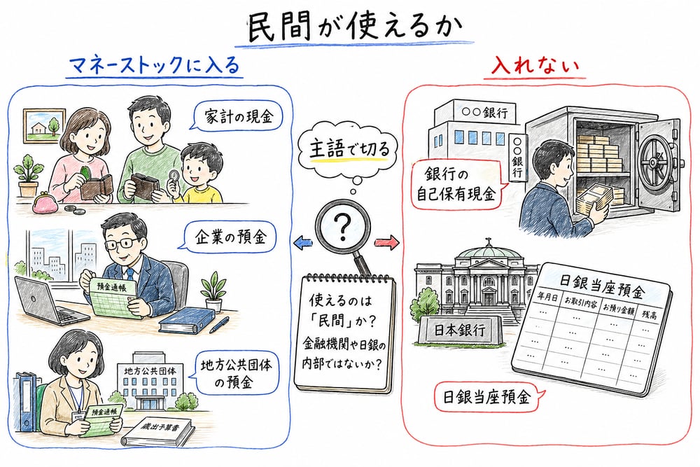 民間が持つお金と金融機関の内部保有を切り分ける手書き風図解