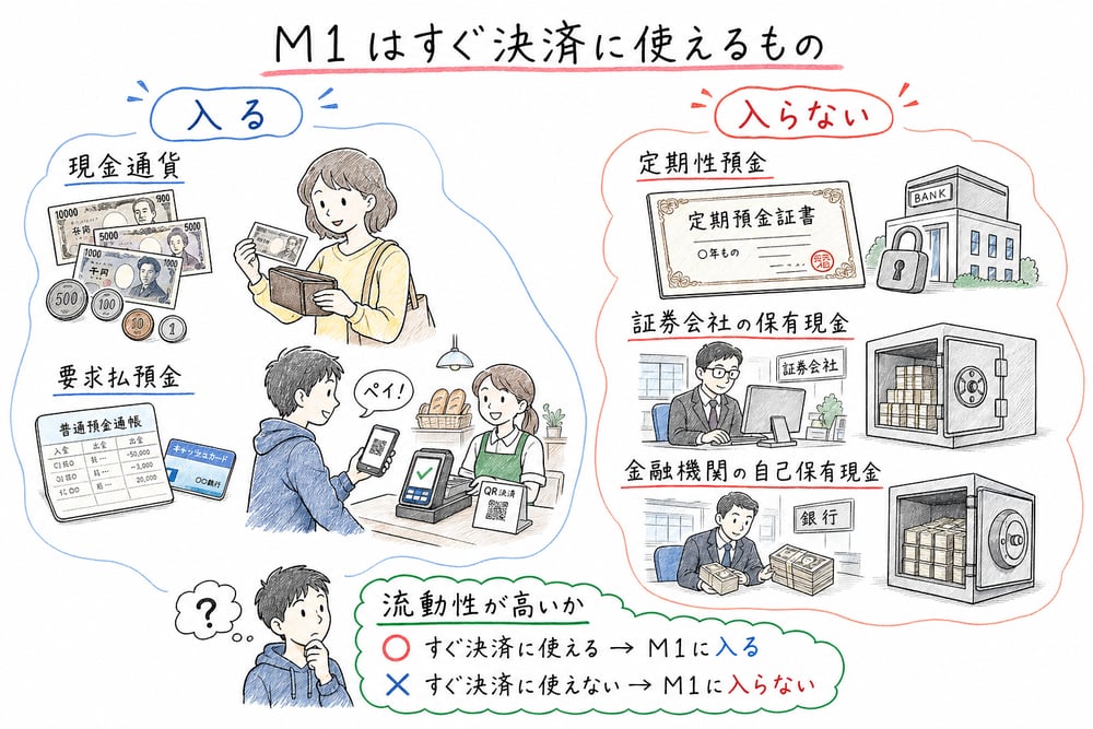 M1 に入るものと入らないものを比較した手書き風図解
