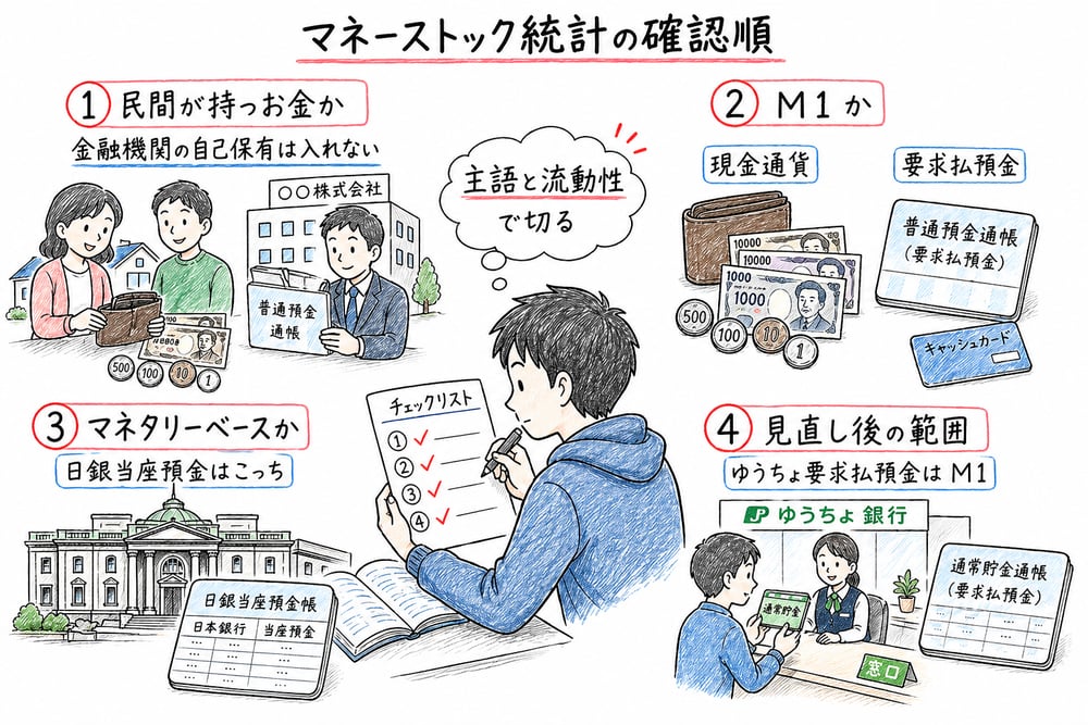マネーストック統計の確認順を4つのポイントで整理した手書き風図解