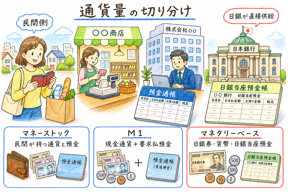 マネーストック、M1、マネタリーベースの違いを一枚で整理した手書き風図解