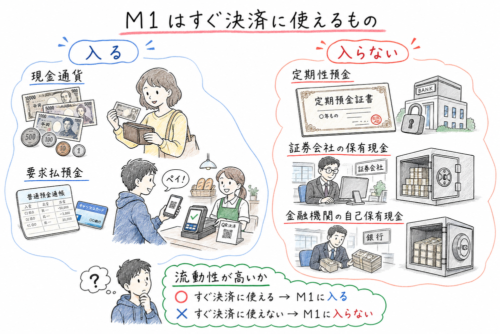 M1 に入るものと入らないものを比較した手書き風図解