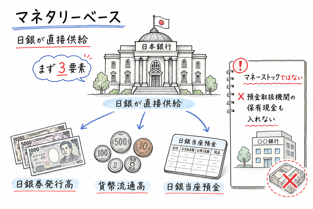 マネタリーベースの構成要素とマネーストックとの差を示す手書き風図解