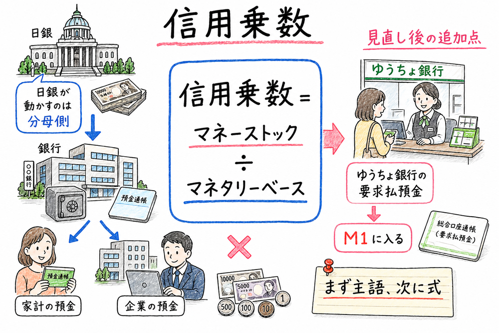 信用乗数の関係式と見直し後の M1 の追加点をまとめた手書き風図解