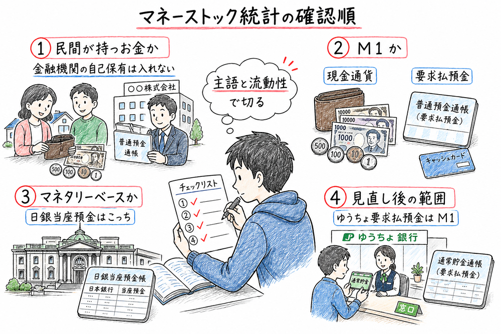 マネーストック統計の確認順を4つのポイントで整理した手書き風図解