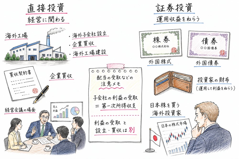 直接投資と証券投資の違いと、海外子会社の利益受取との区別を比較した手書き風図解