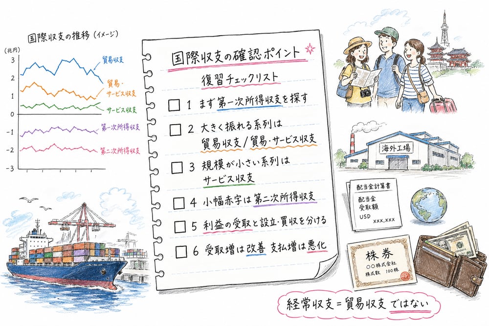 国際収支の図表判定と収支分類の確認ポイントをまとめた手書き風図解