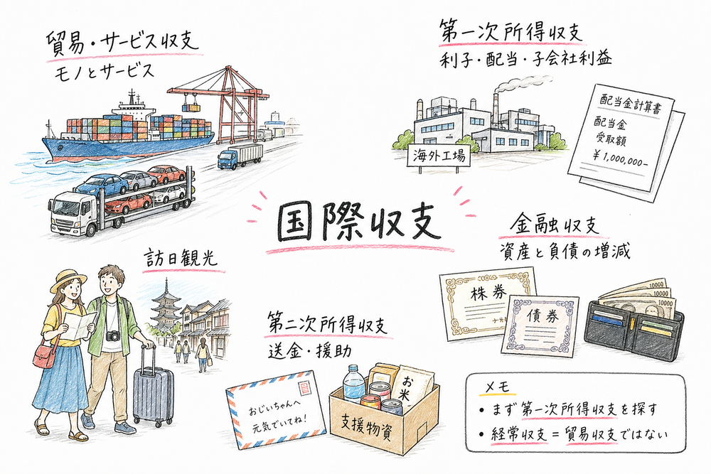 国際収支の全体像を、経常収支と金融収支、主要内訳の関係で整理した手書き風図解