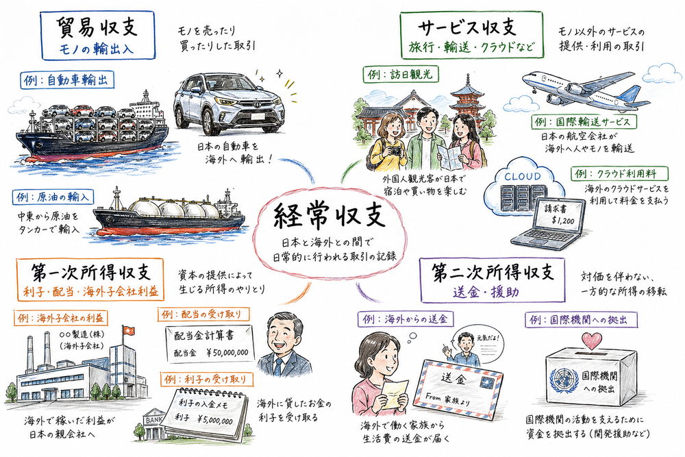 経常収支の4つの内訳を、典型例つきで整理した手書き風図解