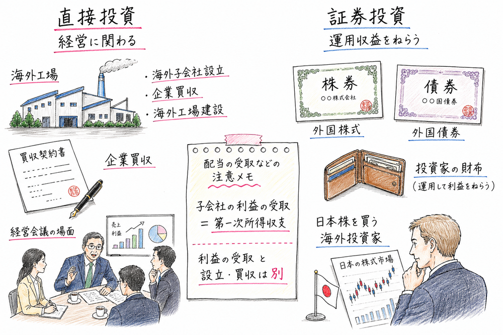 直接投資と証券投資の違いと、海外子会社の利益受取との区別を比較した手書き風図解