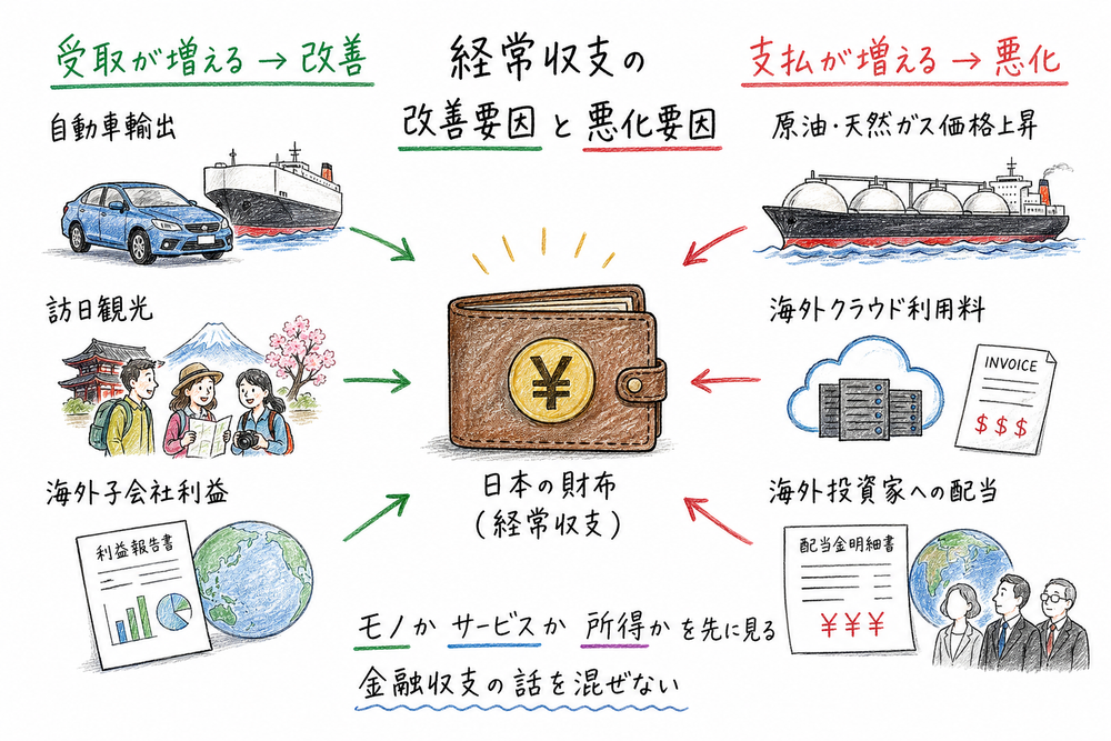 経常収支の改善要因と悪化要因を、受取増と支払増で左右比較した手書き風図解