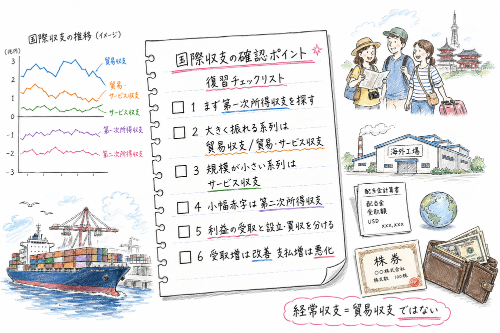国際収支の図表判定と収支分類の確認ポイントをまとめた手書き風図解