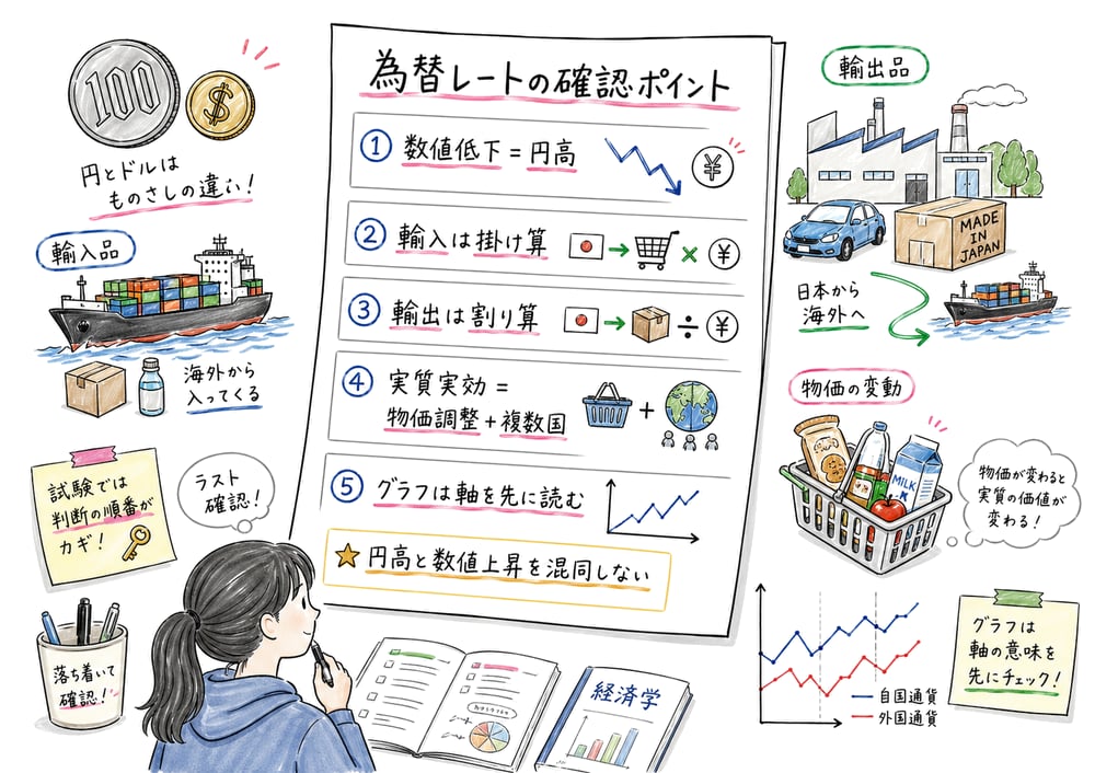 為替レートの確認ポイントを5つの縦並びカードで総復習できる手書き風図解