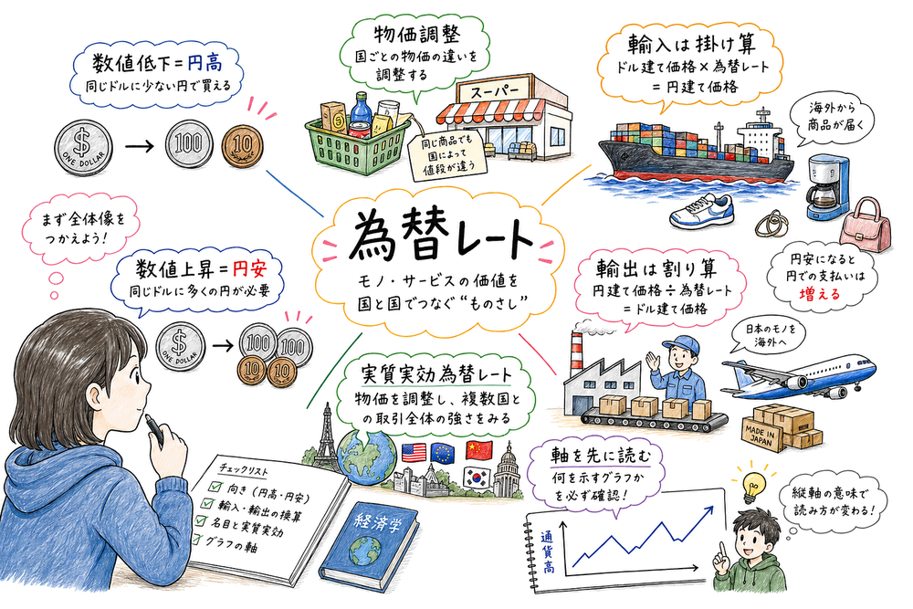 為替レートで先に覚えるべき6つの確認点を中央の為替レートから放射状に整理した手書き風図解