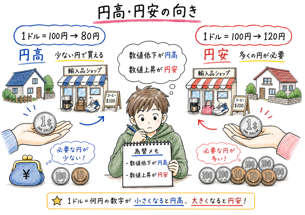 1ドル=何円の表示で、数値低下が円高、数値上昇が円安になる向きを整理した手書き風図解