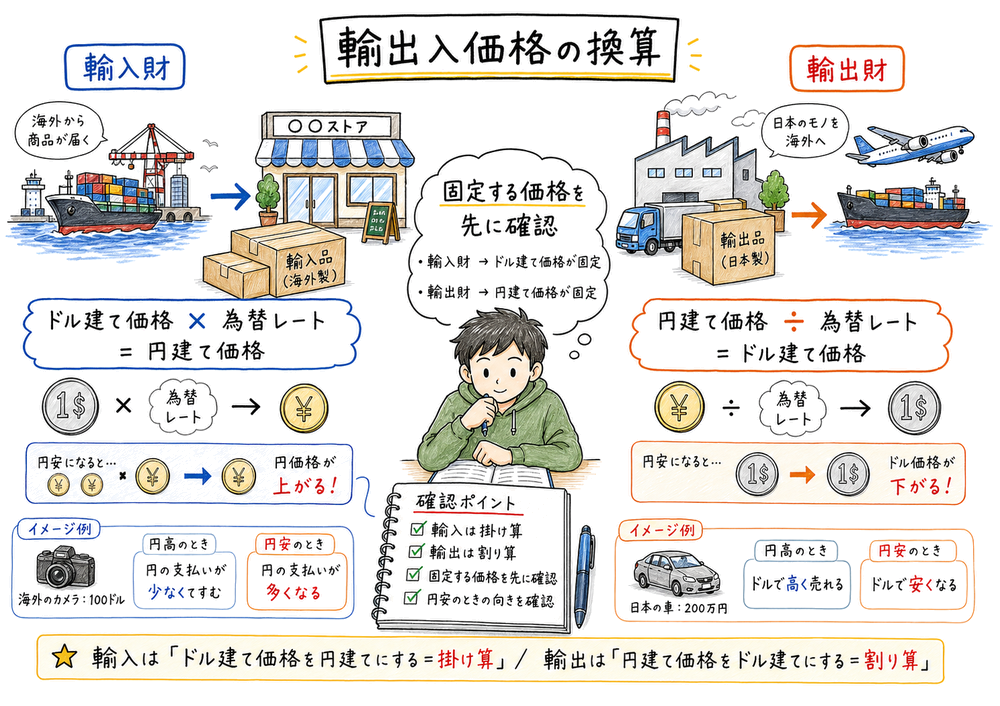 輸入財は掛け算、輸出財は割り算で換算する違いを整理した手書き風図解