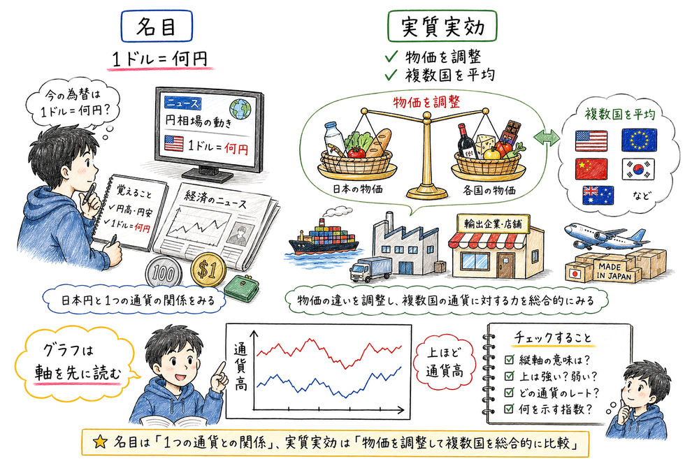 名目為替レートと実質実効為替レートの違いと、グラフの軸の読み方を整理した手書き風図解